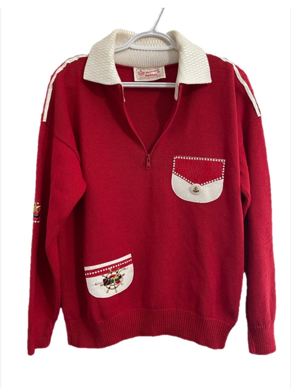 Vintage Red Knit Nautical Pullover 1/4 Zip Sweater with Contrast Collar